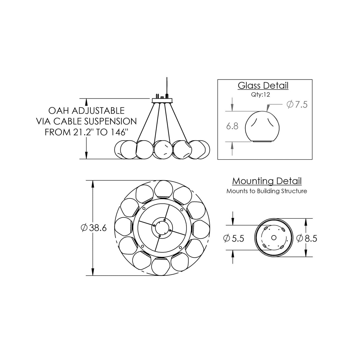 Luna Radial Ring Smoke LED Chandelier - line drawing.
