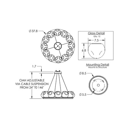 Luna Ring Amber LED Chandelier - line drawing.