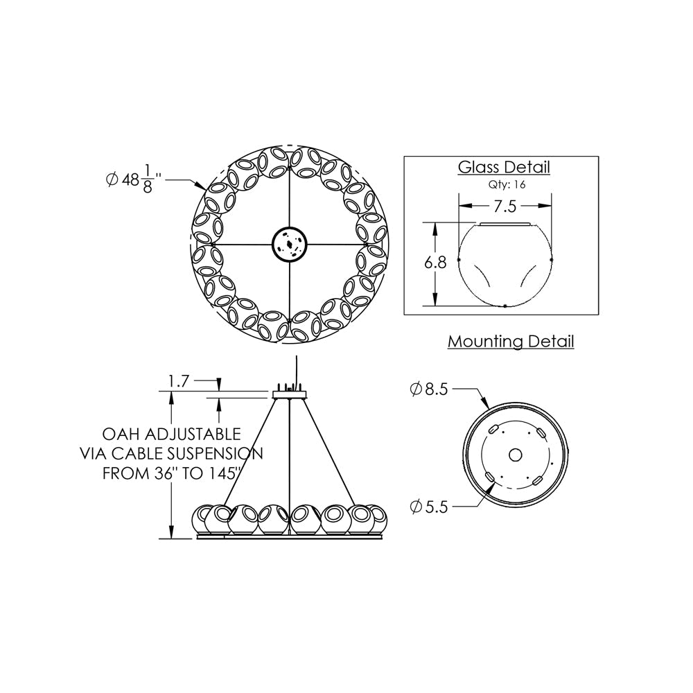 Luna Ring Amber LED Chandelier - line drawing.
