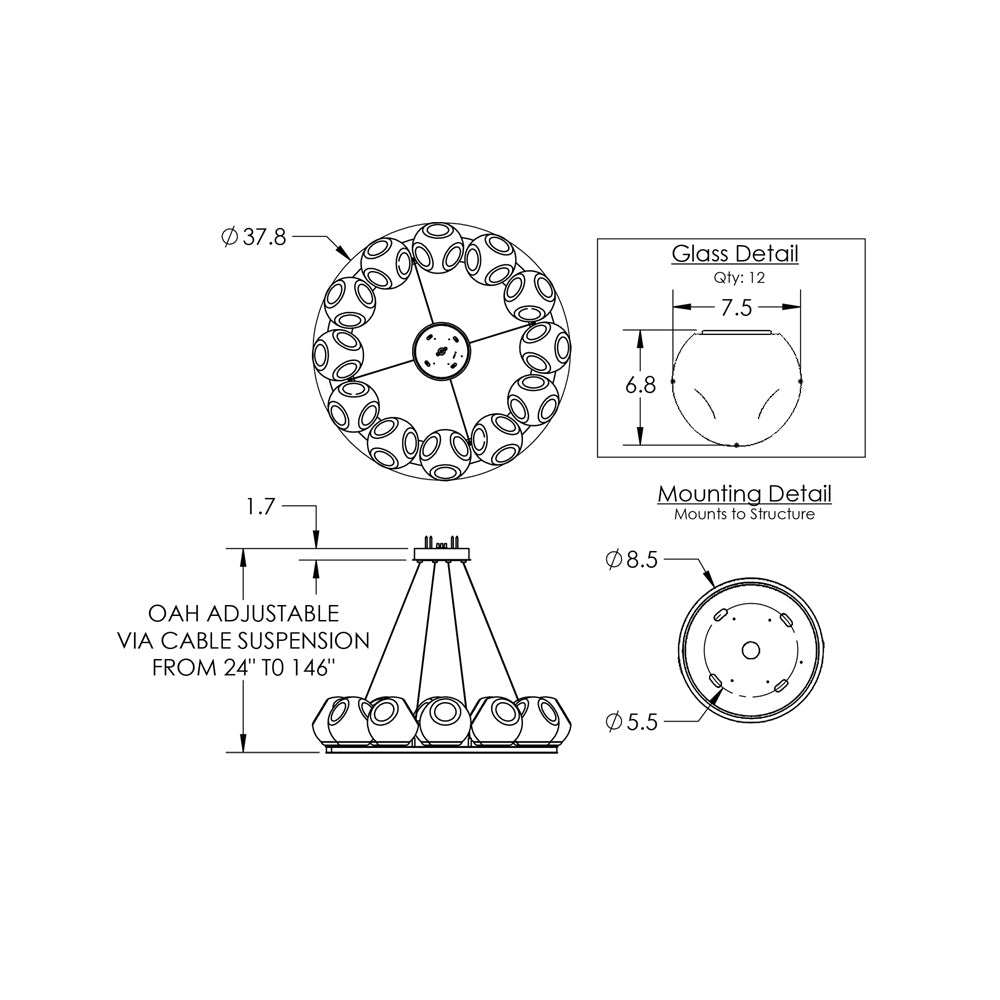 Luna Ring Clear LED Chandelier - line drawing.