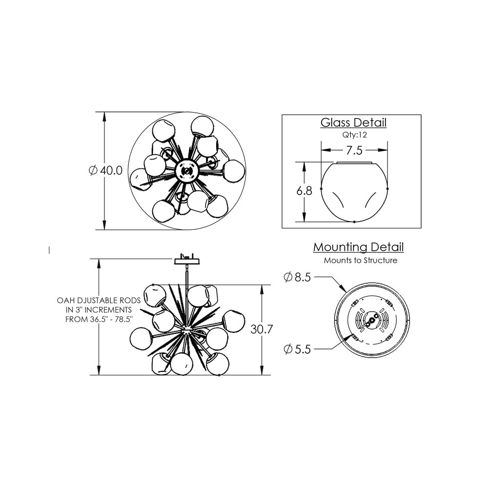 Luna Starburst Bronze LED Chandelier - line drawing.