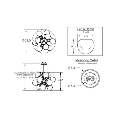 Luna Starburst Clear LED Chandelier - line drawing.