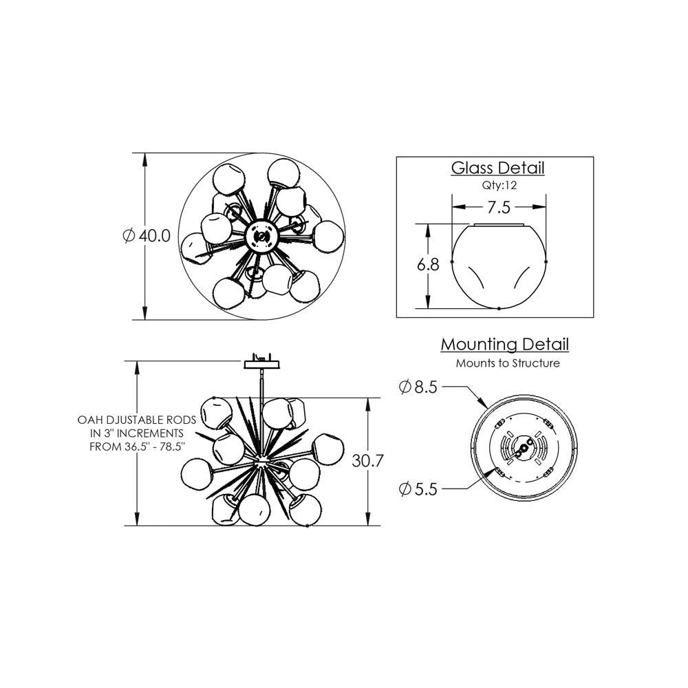 Luna Starburst Clear LED Chandelier - line drawing.