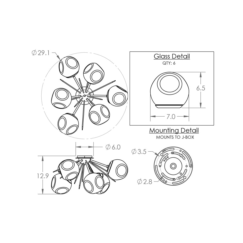 Luna Starburst LED Flush Mount Ceiling Light - line drawing.