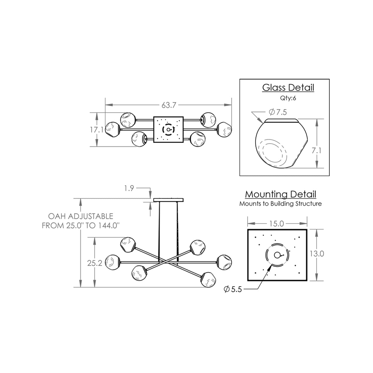 Luna Triple Moda Linear LED Chandelier - line drawing.