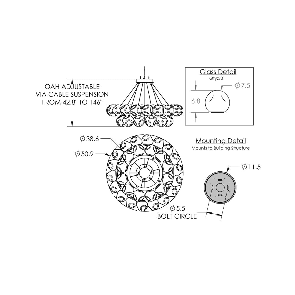 Luna Two-Tier Radial Ring LED Chandelier - line drawing.