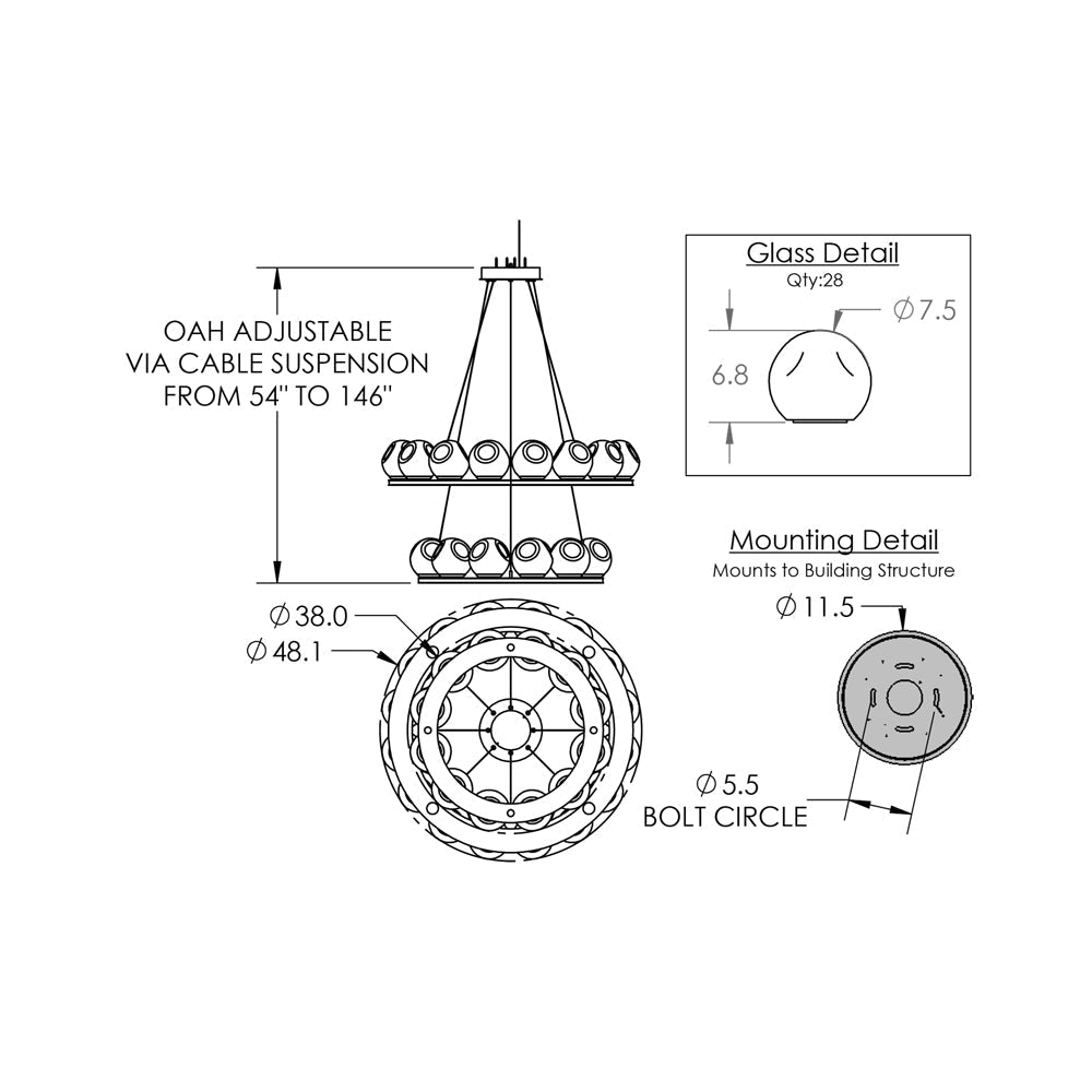 Luna Two-Tier Ring LED Chandelier - line drawing.