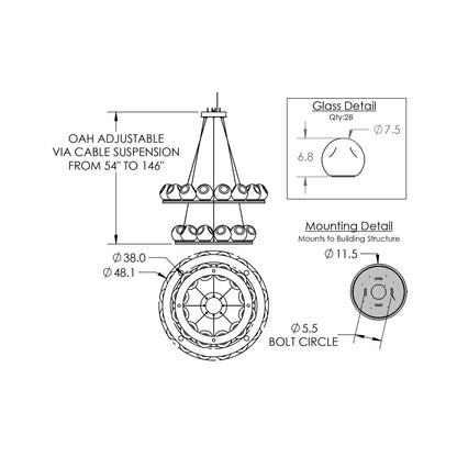 Luna Two-Tier Ring LED Chandelier - line drawing.