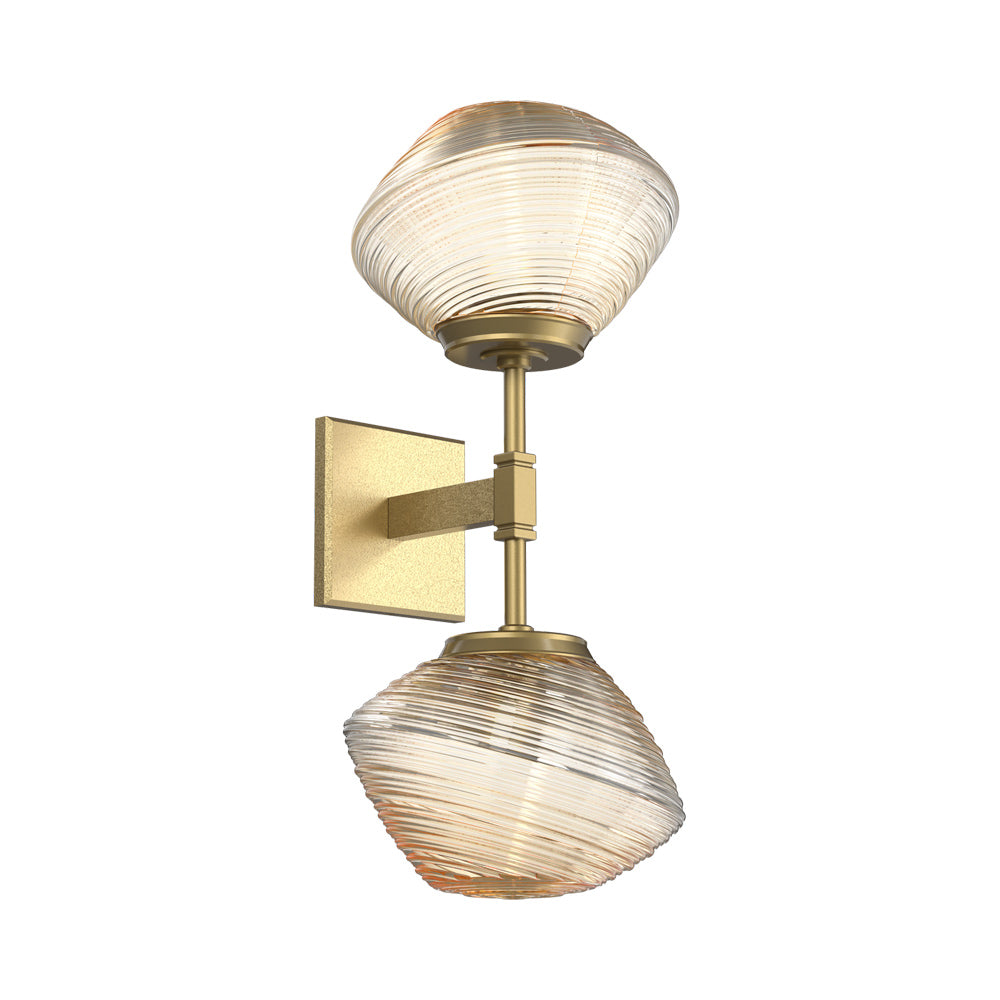 Mesa Double LED Wall Light in Gilded Brass/Amber Blown Glass.