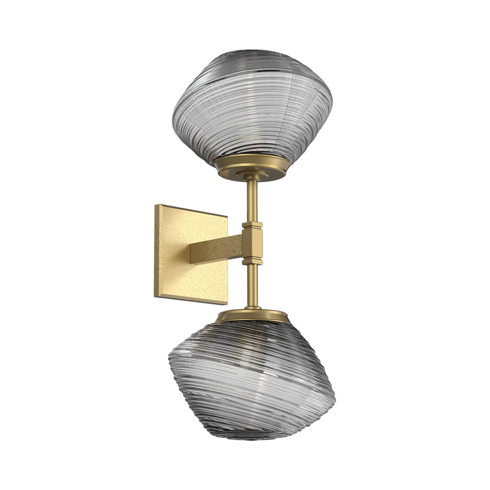 Mesa Double LED Wall Light in Gilded Brass/Smoke Blown Glass.