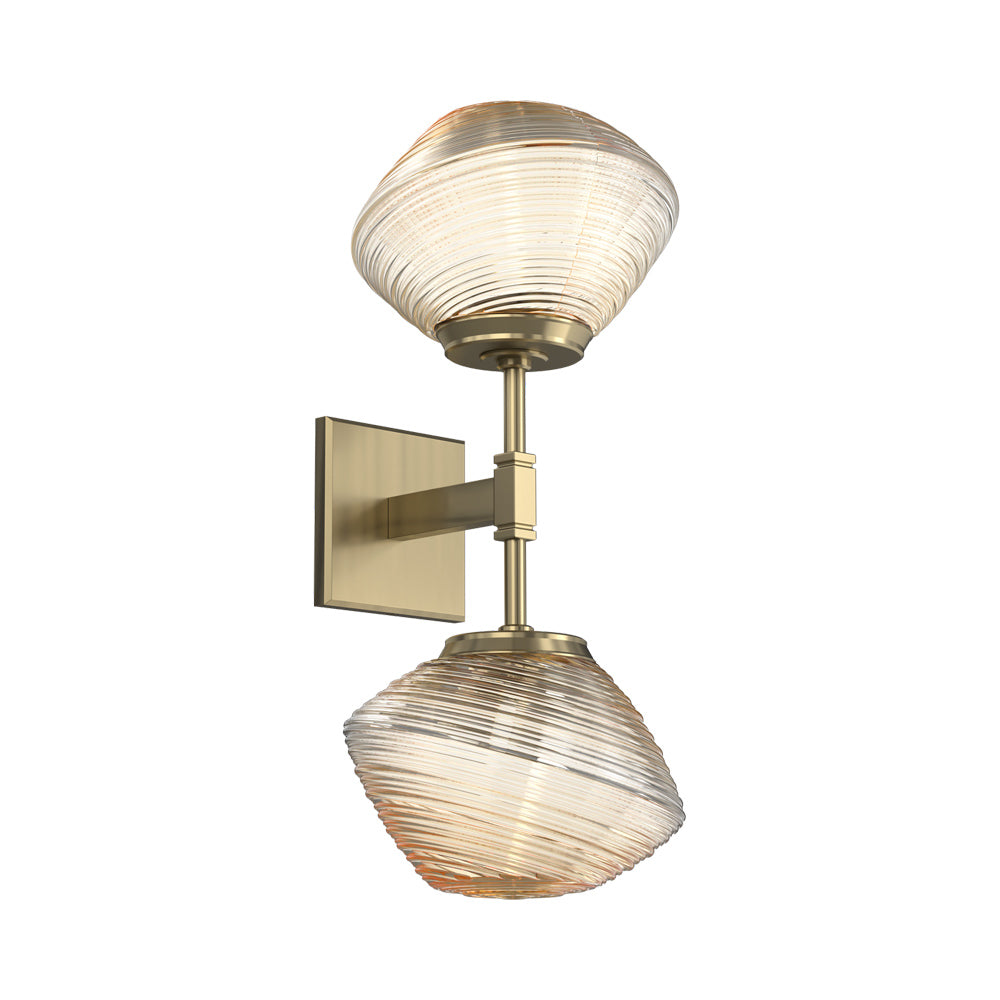 Mesa Double LED Wall Light in Heritage Brass/Amber Blown Glass.