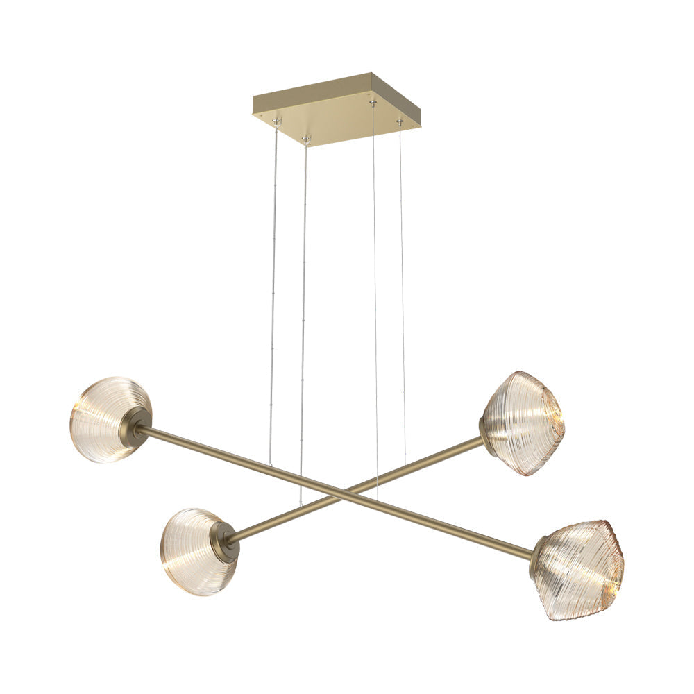 Mesa Double Moda Linear LED Chandelier in Gilded Brass/Amber Blown Glass.