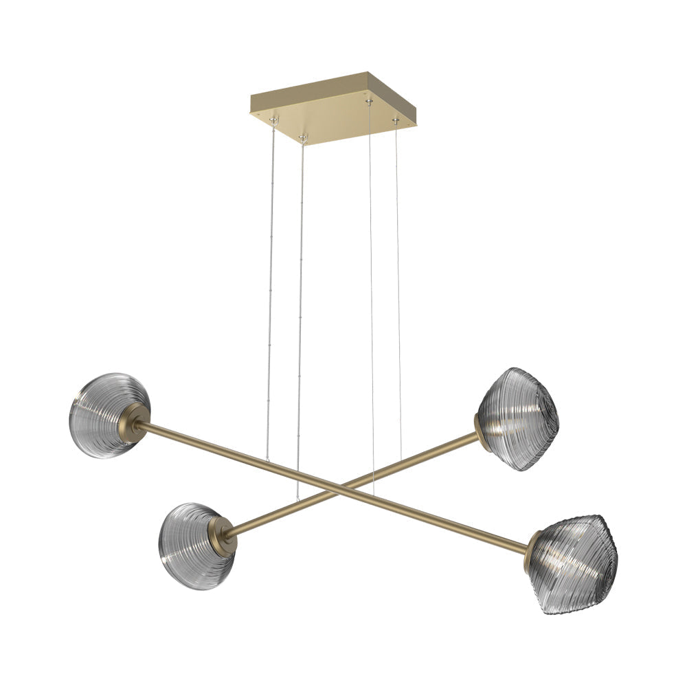 Mesa Double Moda Linear LED Chandelier in Gilded Brass/Smoke Blown Glass.