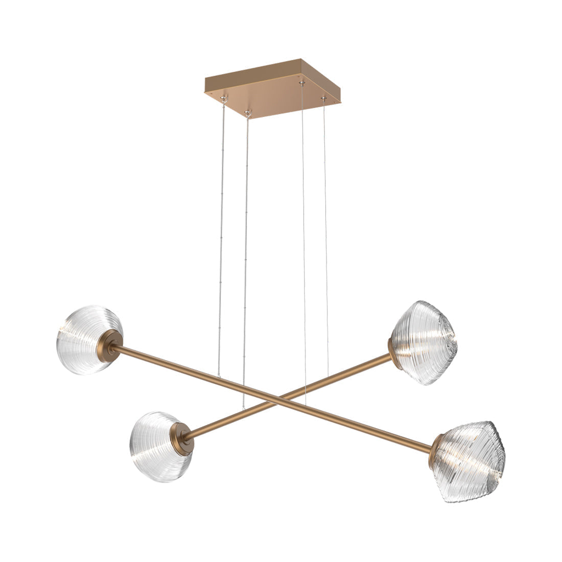 Mesa Double Moda Linear LED Chandelier in Novel Brass/Clear Blown Glass.