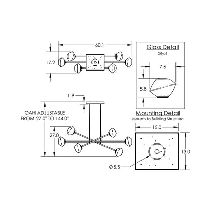 Mesa Double Moda Linear LED Chandelier - line drawing.