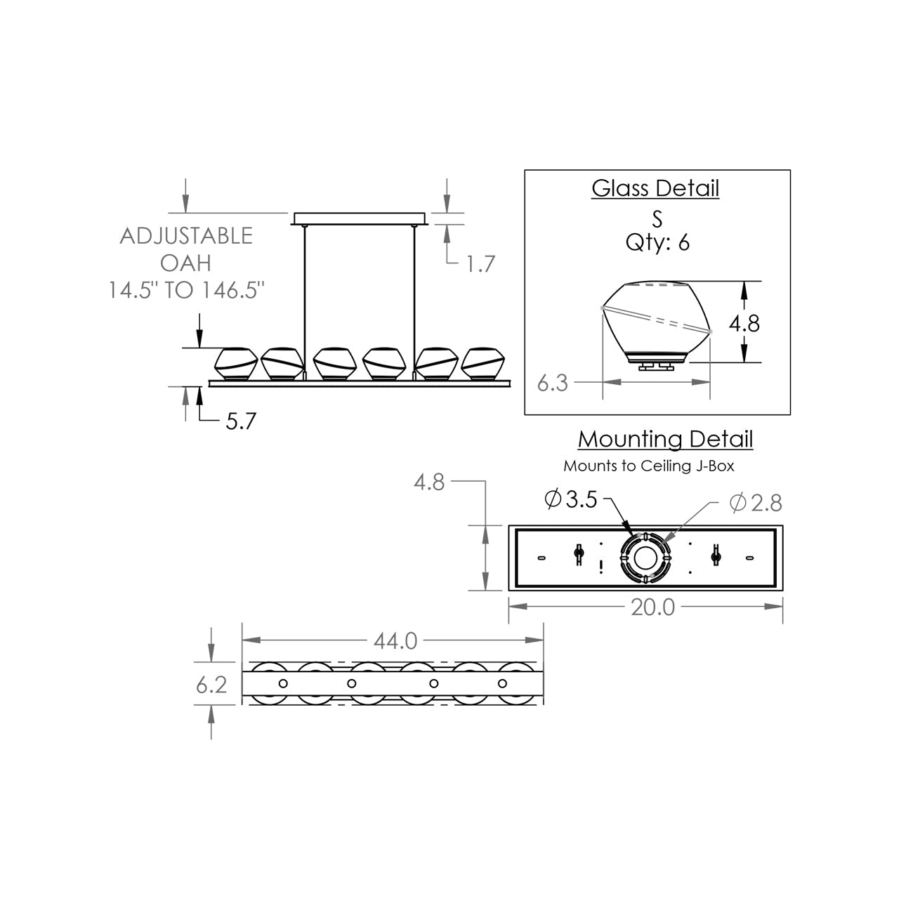 Mesa Linear LED Chandelier - line drawing.