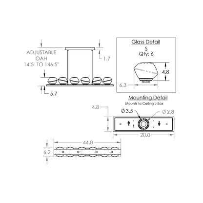 Mesa Linear LED Chandelier - line drawing.