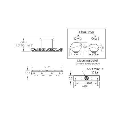 Mesa Linear LED Chandelier - line drawing.