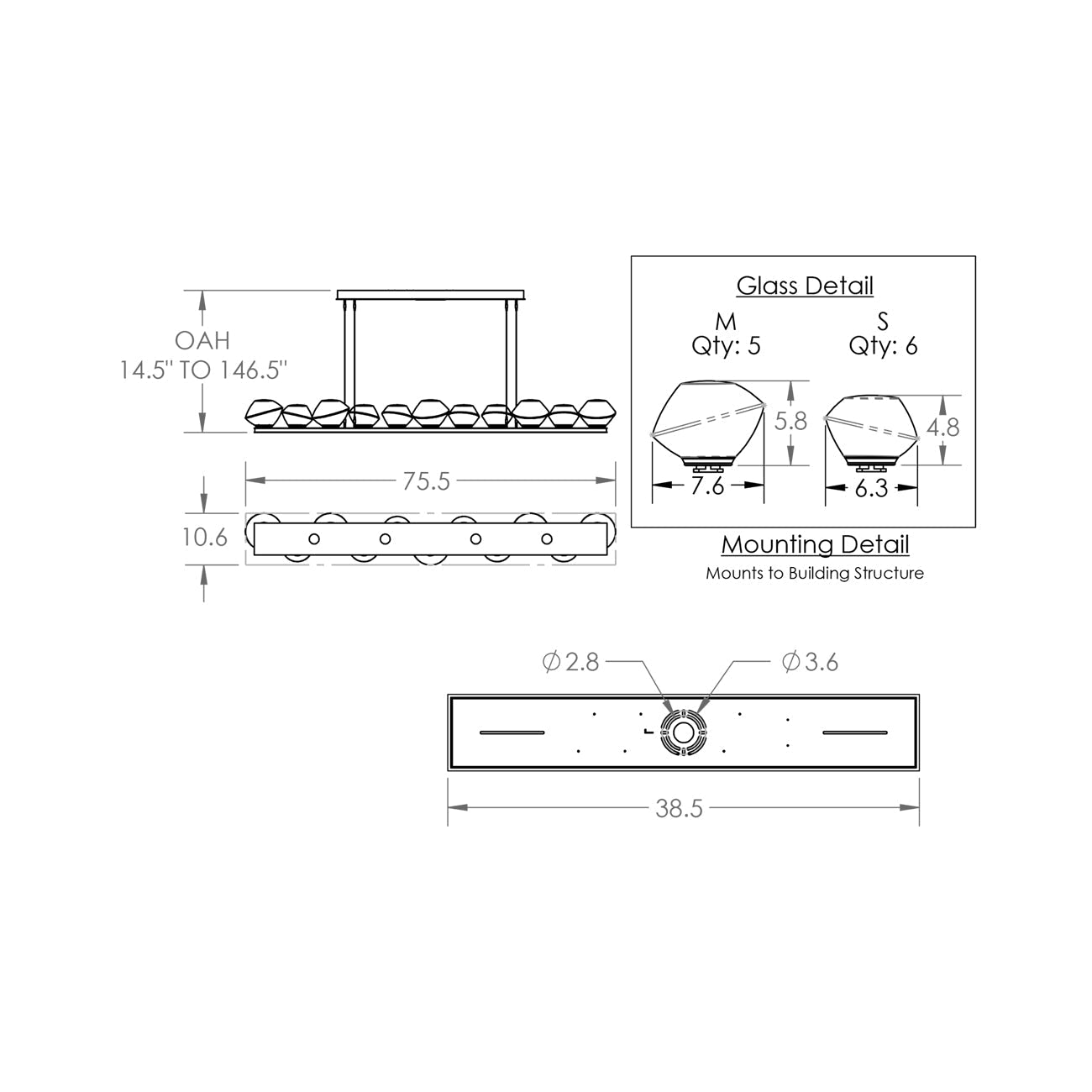Mesa Linear LED Chandelier - line drawing.
