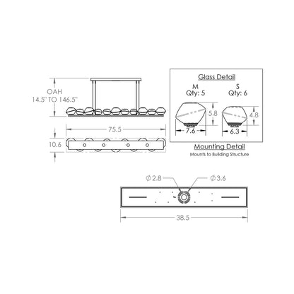 Mesa Linear LED Chandelier - line drawing.