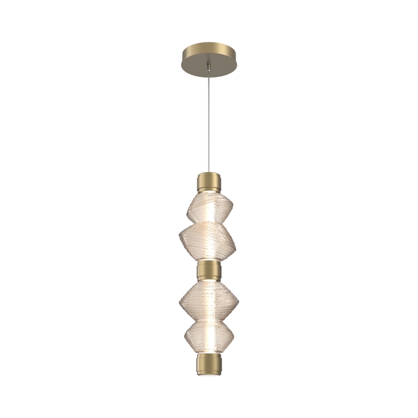 Mesa Mandrel Double LED Pendant Light in Gilded Brass/Amber Blown Glass.