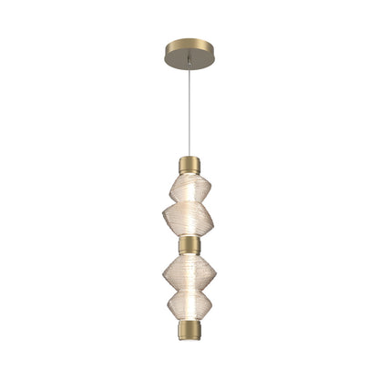 Mesa Mandrel Double LED Pendant Light in Gilded Brass/Amber Blown Glass.