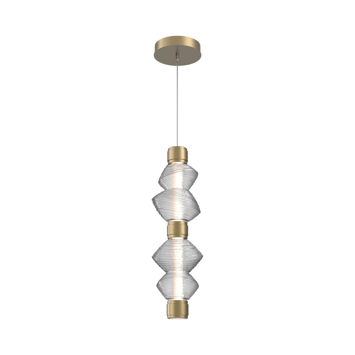 Mesa Mandrel Double LED Pendant Light in Gilded Brass/Clear Blown Glass.