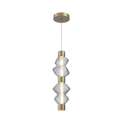 Mesa Mandrel Double LED Pendant Light in Gilded Brass/Clear Blown Glass.
