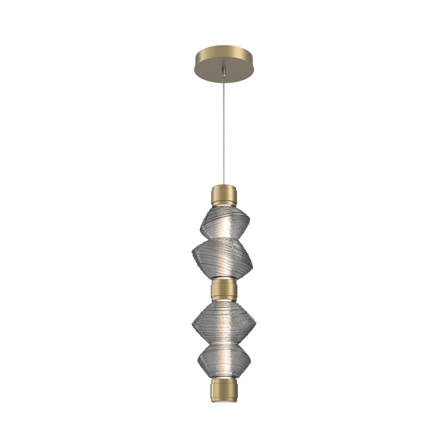 Mesa Mandrel Double LED Pendant Light in Gilded Brass/Smoke Blown Glass.