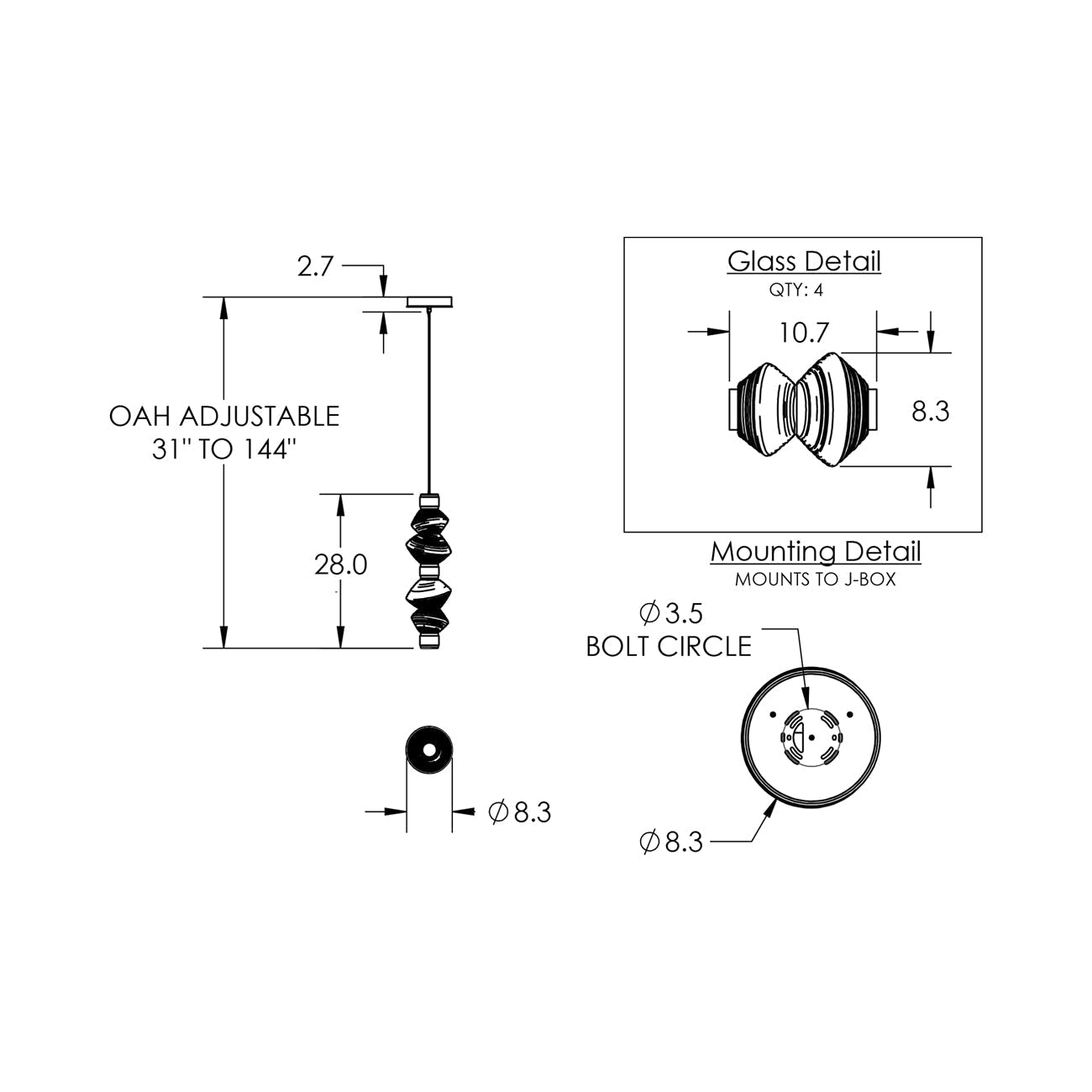 Mesa Mandrel Double LED Pendant Light - line drawing.