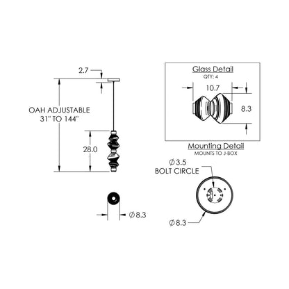Mesa Mandrel Double LED Pendant Light - line drawing.