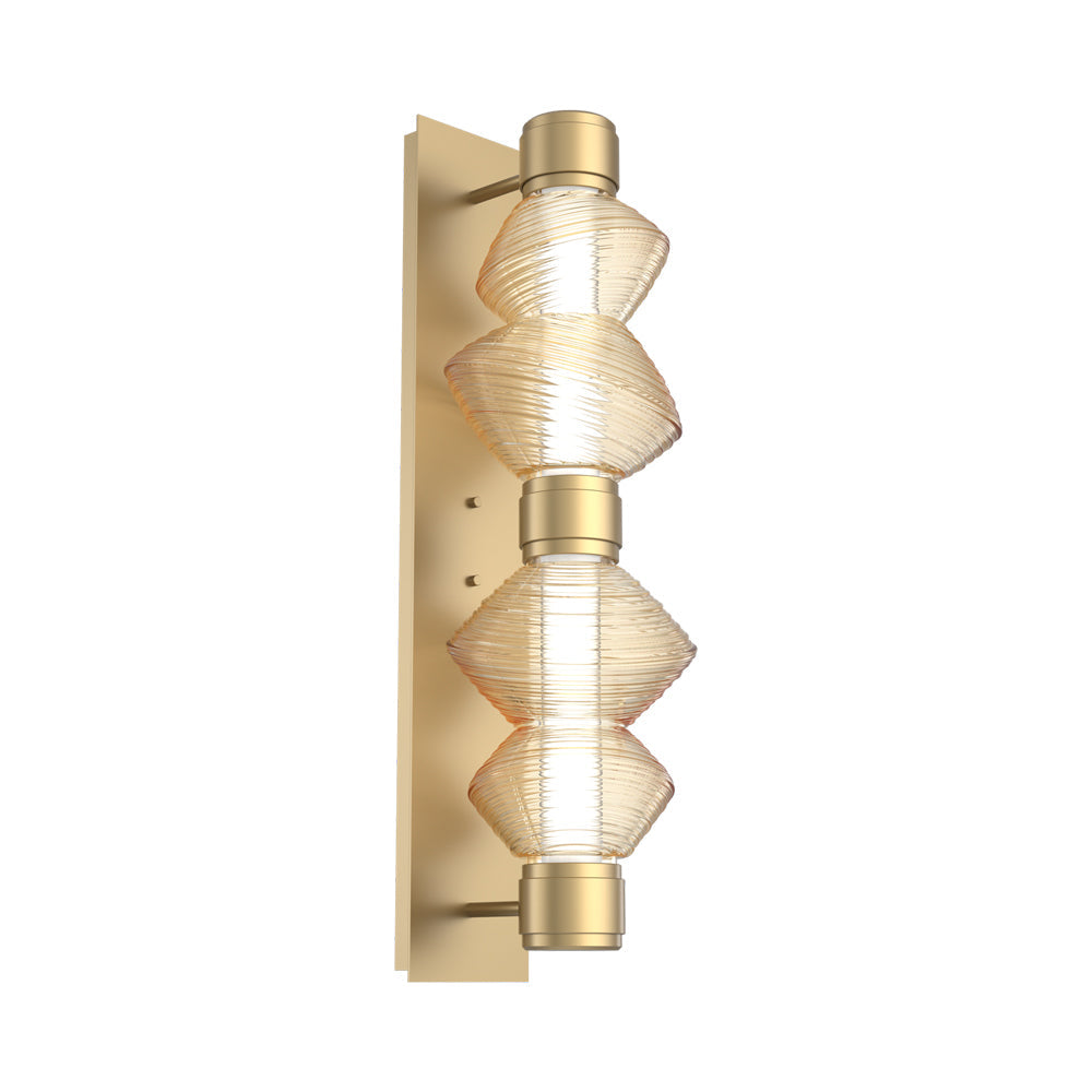 Mesa Mandrel Double LED Wall Light in Gilded Brass/Amber Blown Glass.