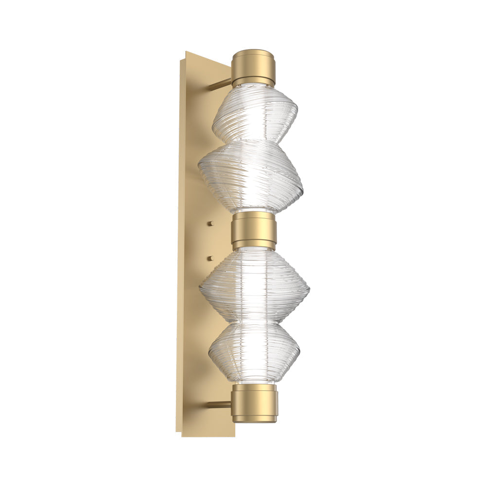 Mesa Mandrel Double LED Wall Light in Gilded Brass/Clear Blown Glass.