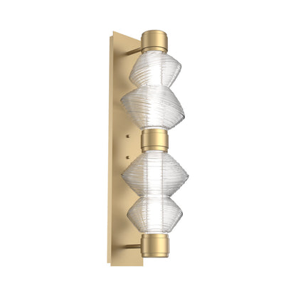 Mesa Mandrel Double LED Wall Light in Gilded Brass/Clear Blown Glass.