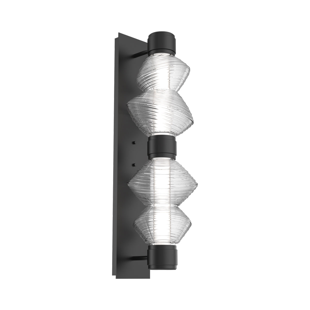 Mesa Mandrel Double LED Wall Light in Matte Black/Clear Blown Glass.
