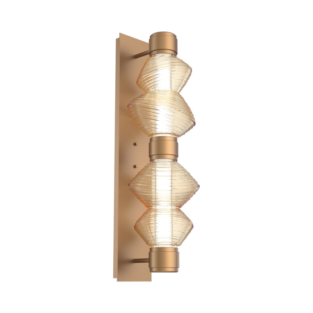 Mesa Mandrel Double LED Wall Light in Novel Brass/Amber Blown Glass.