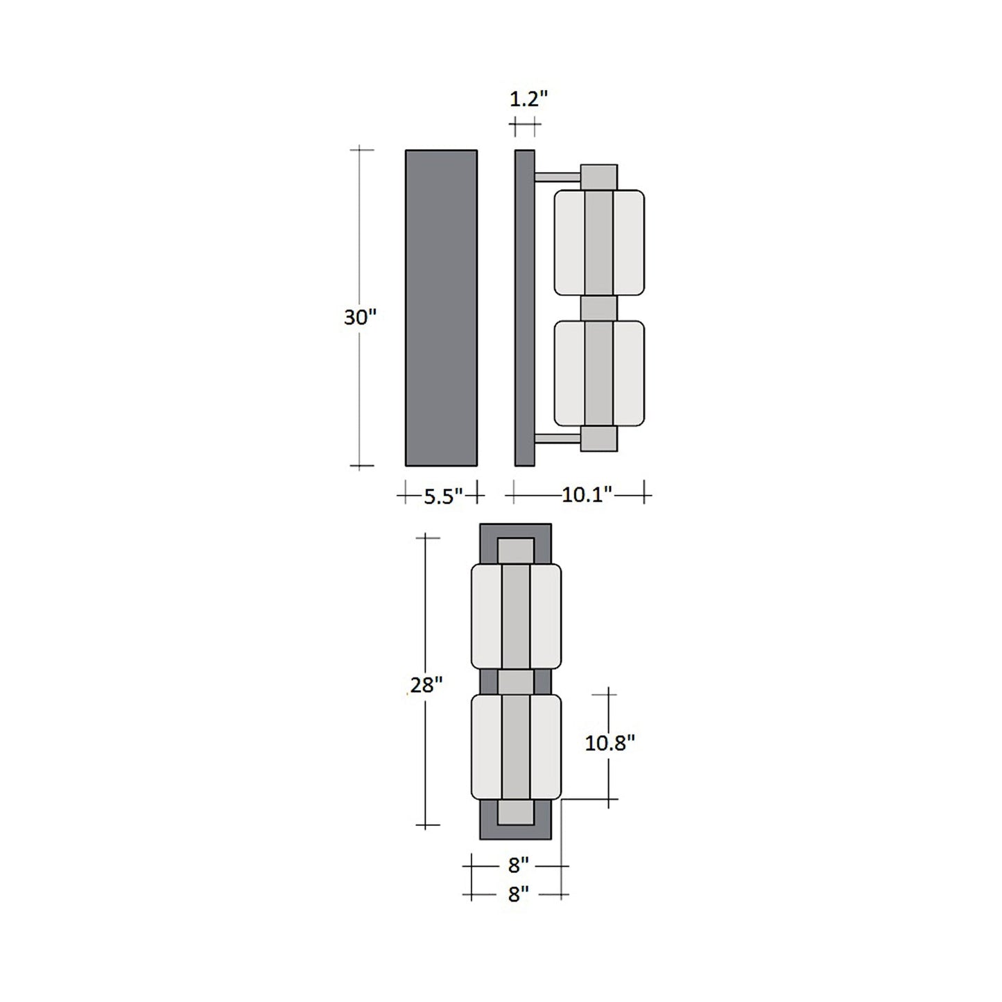 Mesa Mandrel Double LED Wall Light - line drawing.