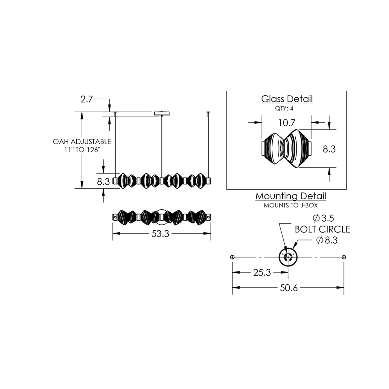 Mesa Mandrel Linear LED Chandelier - line drawing.