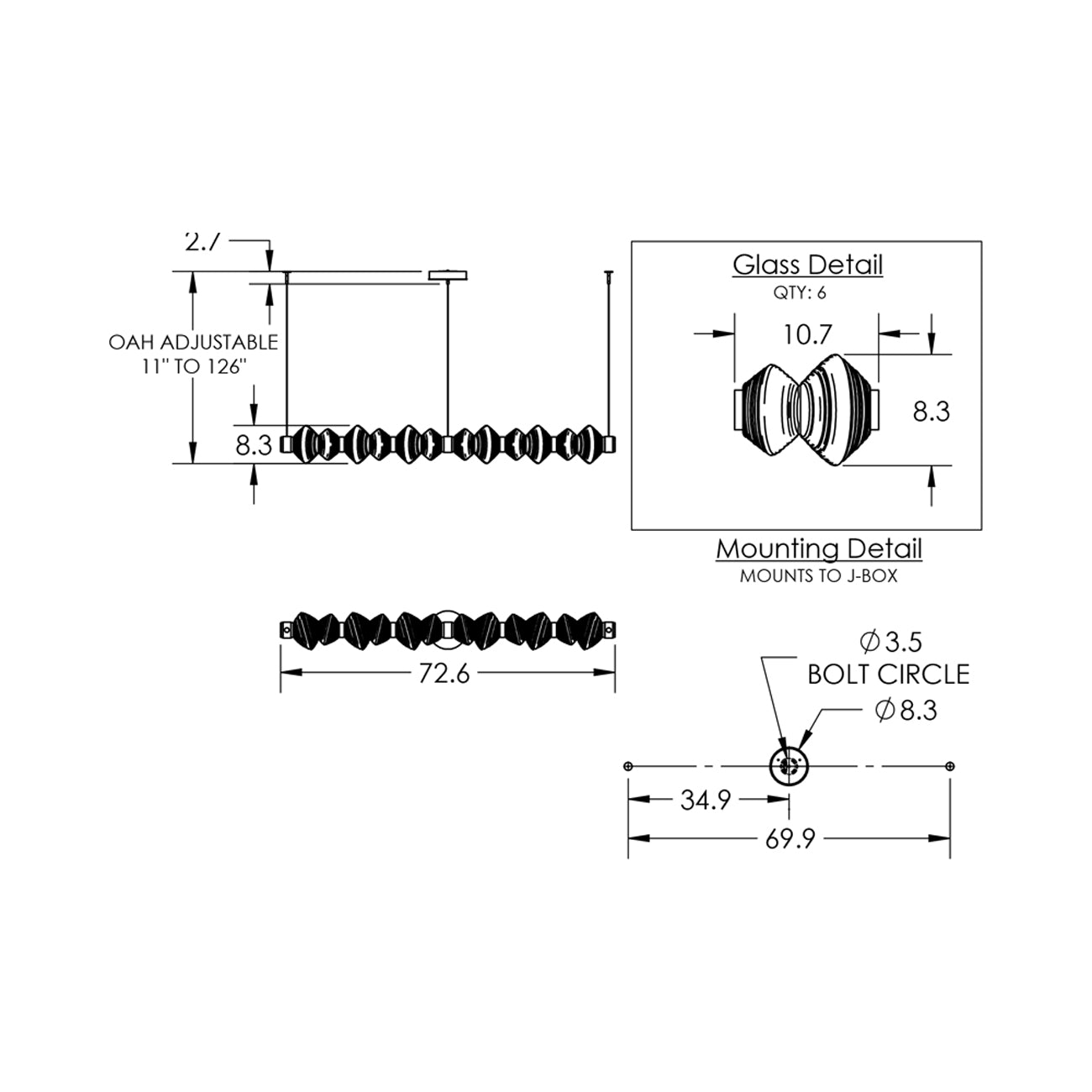 Mesa Mandrel Linear LED Chandelier - line drawing.