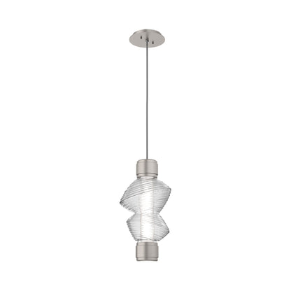 Mesa Mandrel Single LED Pendant Light in Beige Silver/Clear Blown Glass.