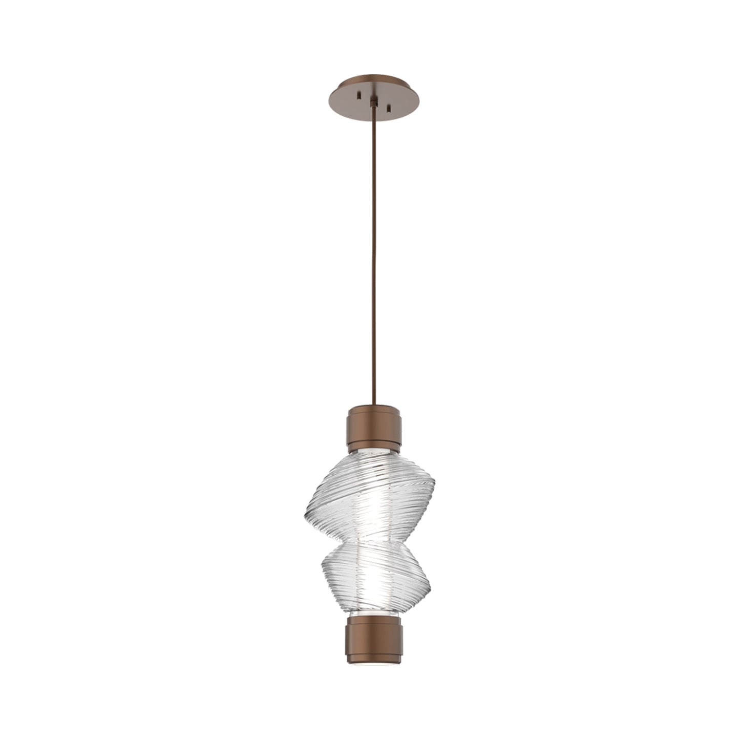 Mesa Mandrel Single LED Pendant Light in Burnished Bronze/Clear Blown Glass.