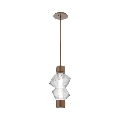 Mesa Mandrel Single LED Pendant Light in Burnished Bronze/Clear Blown Glass.
