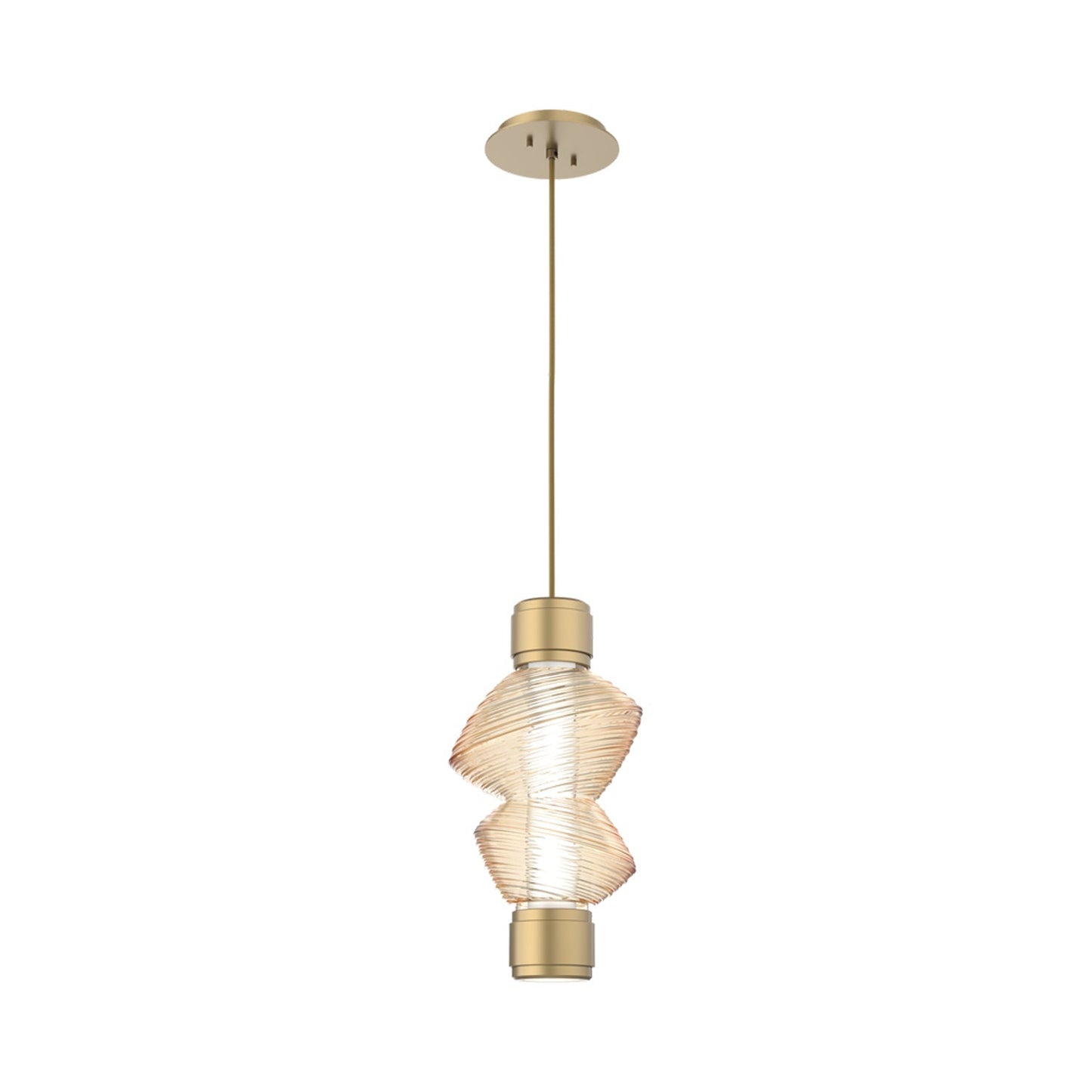 Mesa Mandrel Single LED Pendant Light in Gilded Brass/Amber Blown Glass.