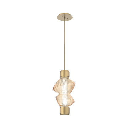 Mesa Mandrel Single LED Pendant Light in Gilded Brass/Amber Blown Glass.