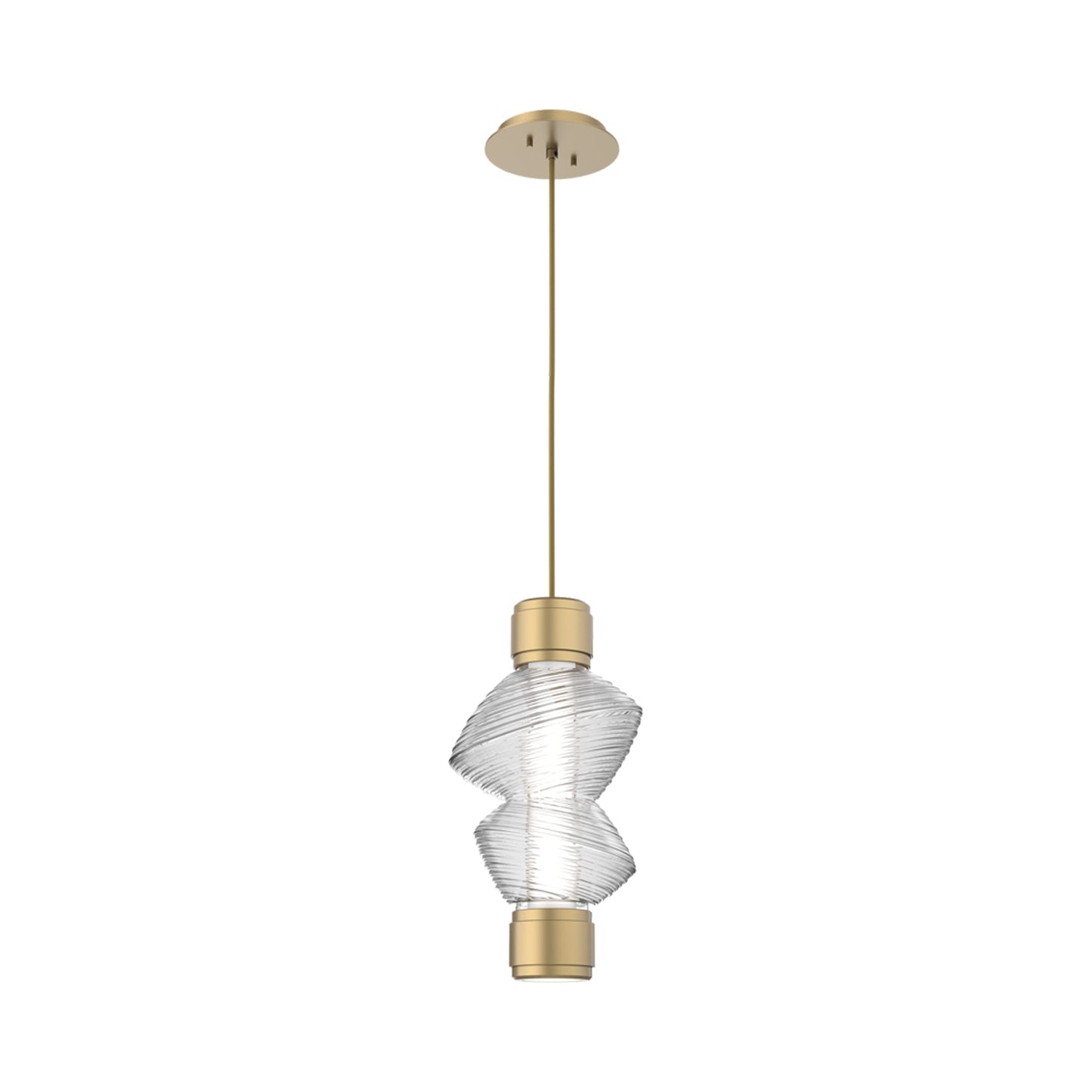 Mesa Mandrel Single LED Pendant Light in Gilded Brass/Clear Blown Glass.