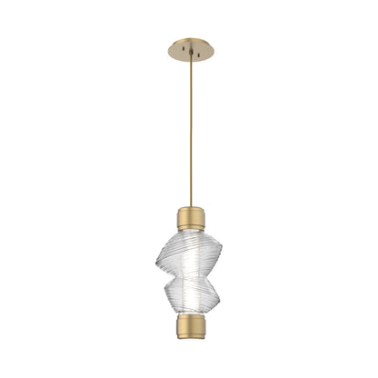 Mesa Mandrel Single LED Pendant Light in Gilded Brass/Clear Blown Glass.