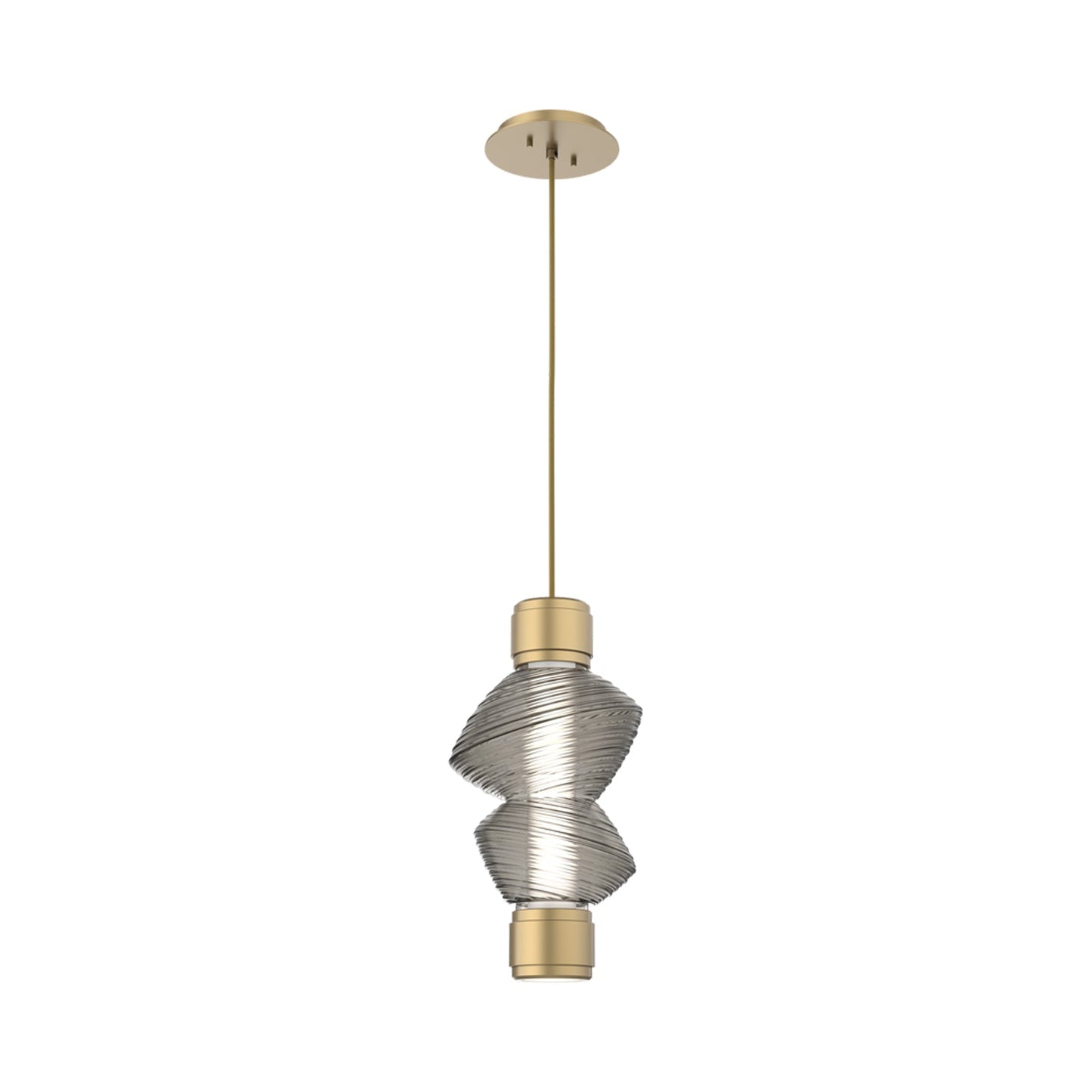 Mesa Mandrel Single LED Pendant Light in Gilded Brass/Smoke Blown Glass.