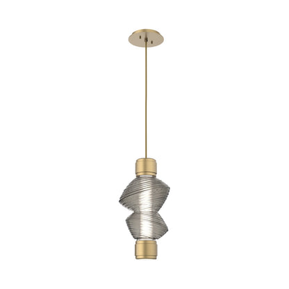 Mesa Mandrel Single LED Pendant Light in Gilded Brass/Smoke Blown Glass.