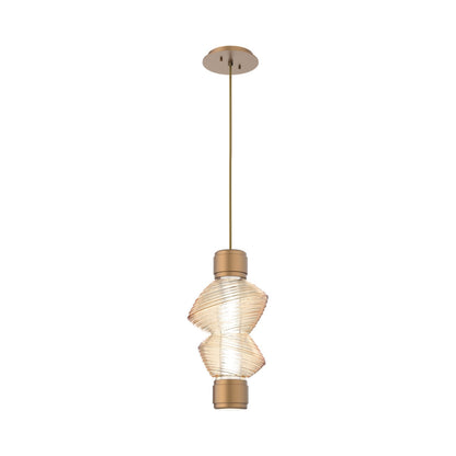 Mesa Mandrel Single LED Pendant Light in Novel Brass/Amber Blown Glass.