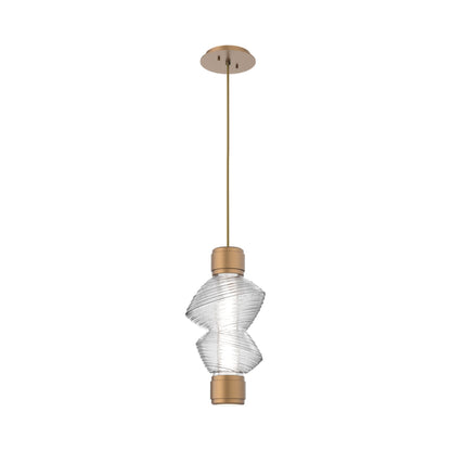 Mesa Mandrel Single LED Pendant Light in Novel Brass/Clear Blown Glass.